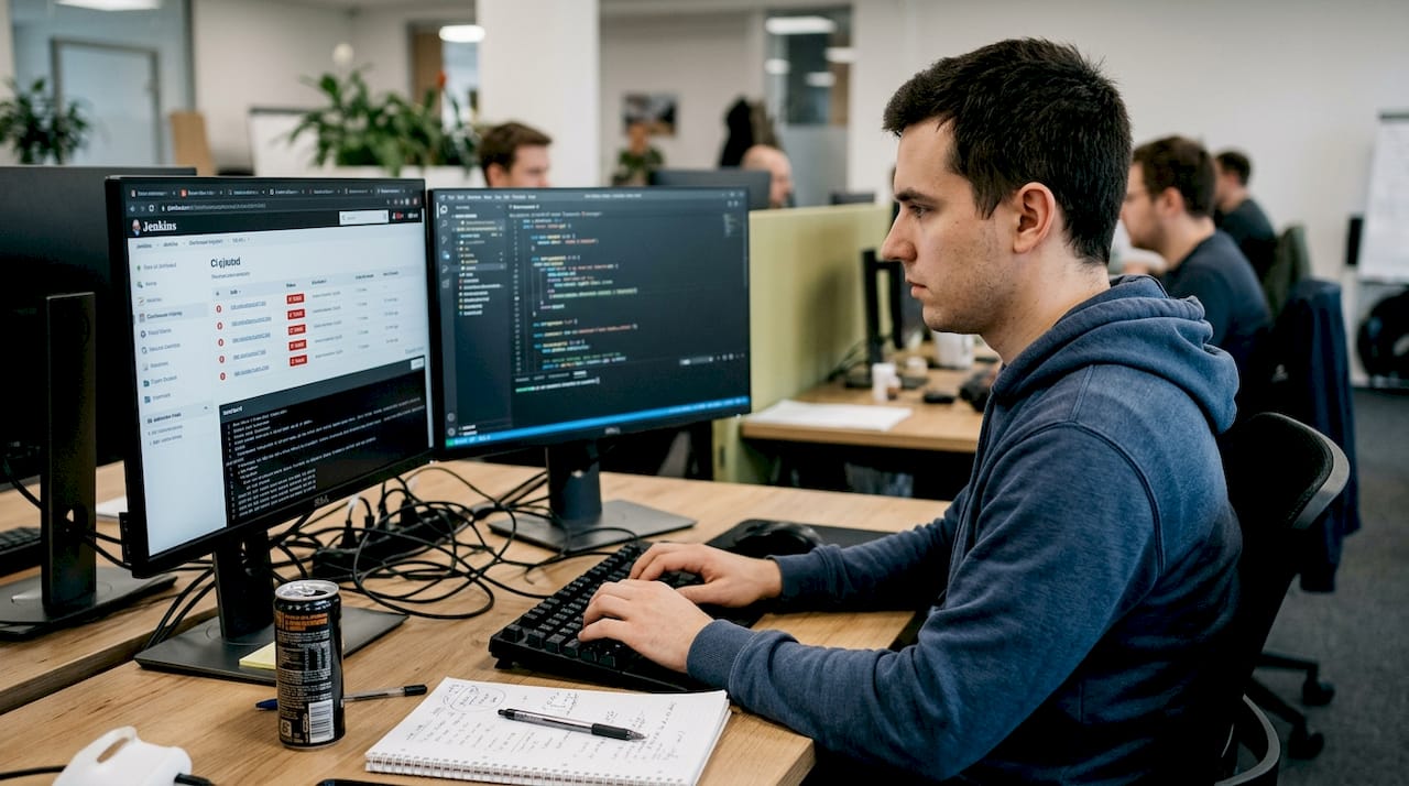 Developer updating test scripts at workstation