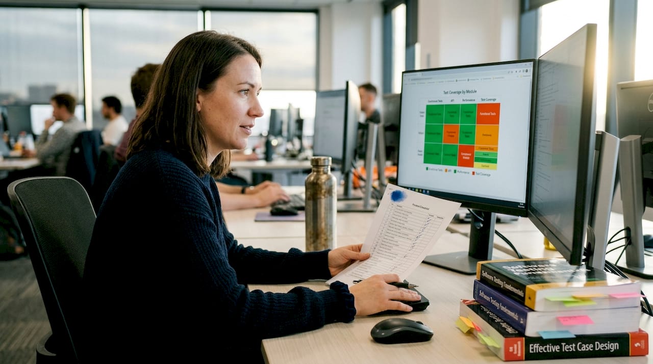 Software tester reviewing organized QA test list