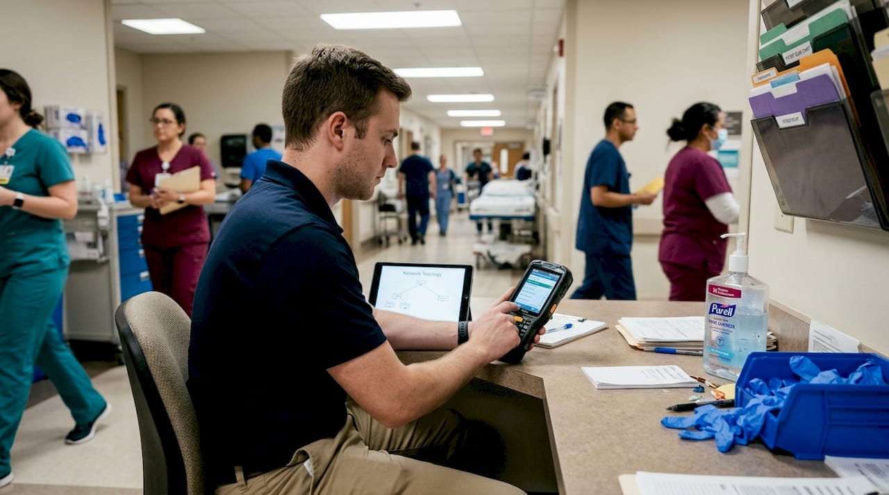 Technician checking hospital Bluetooth device security