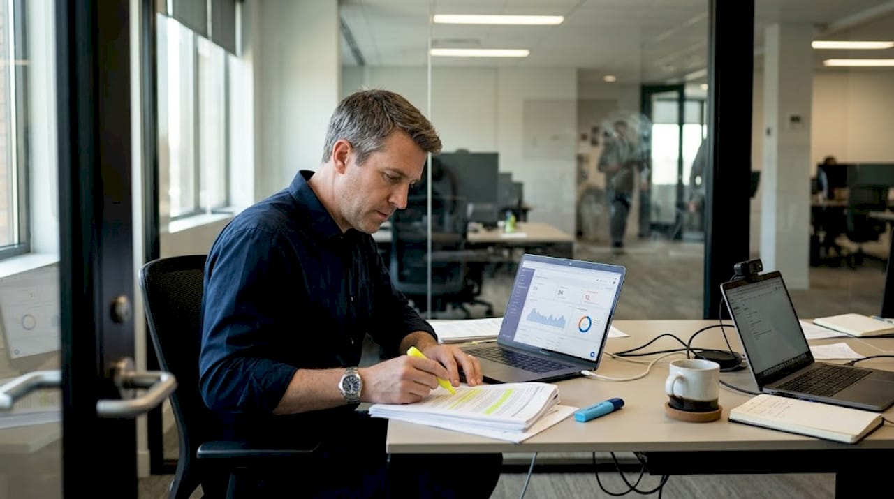 Business analyst reviewing QA report in fintech office