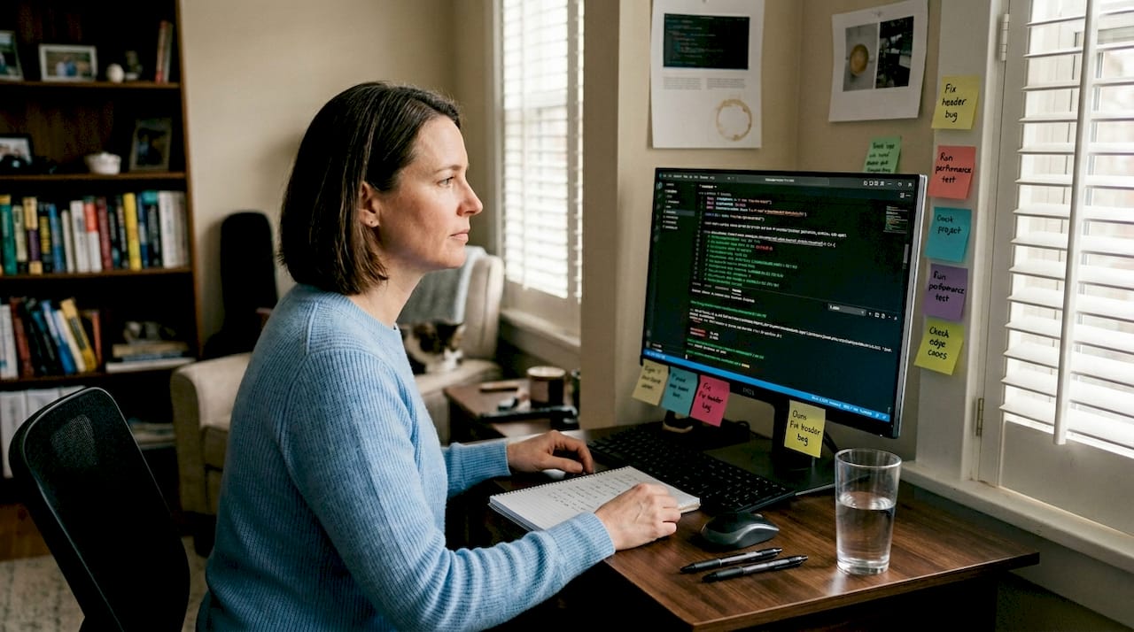 Engineer reviews Playwright test logs at desk