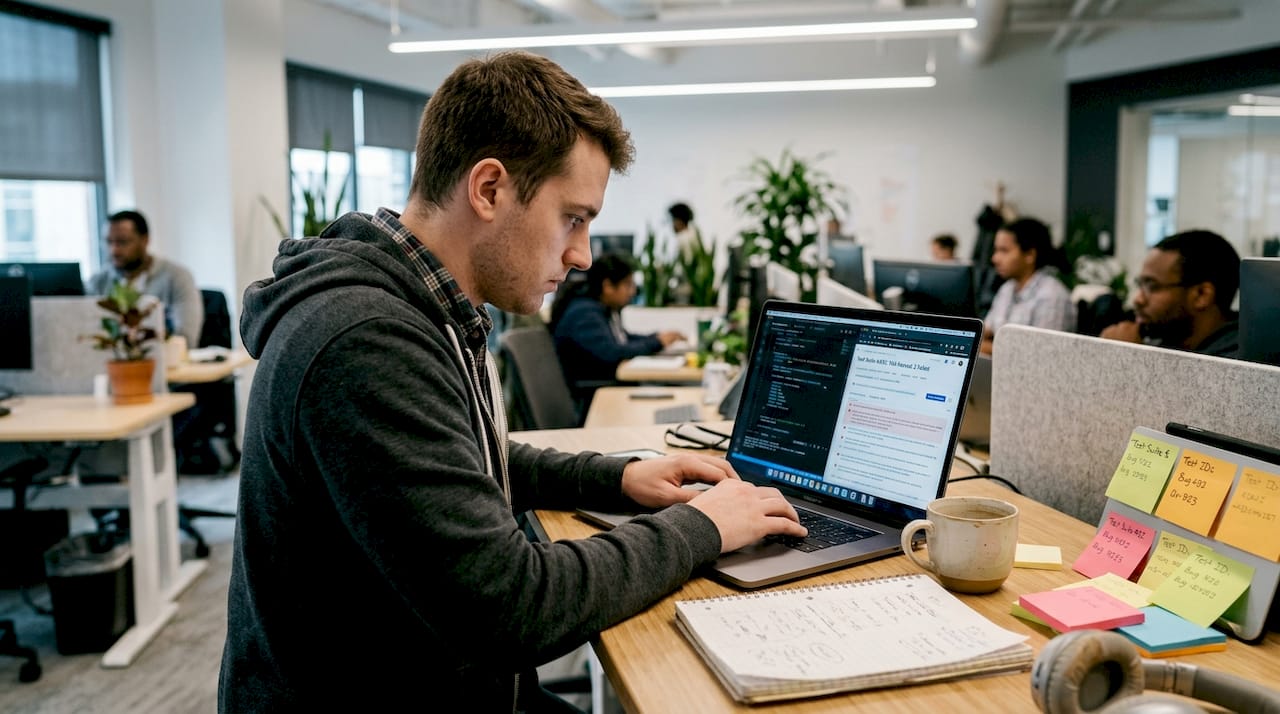 Engineer writing AI-driven test automation scripts