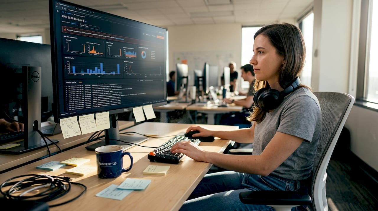 Engineer monitoring security logs at desk