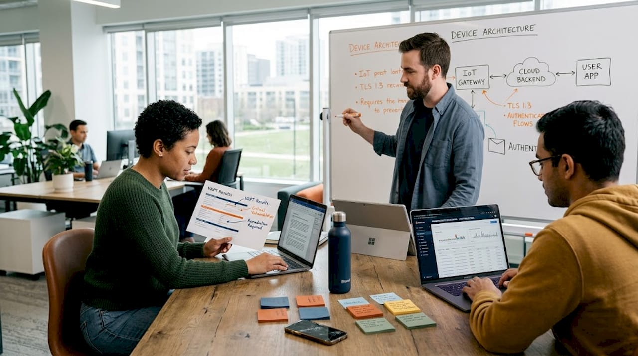 Product team collaborating on cybersecurity design review