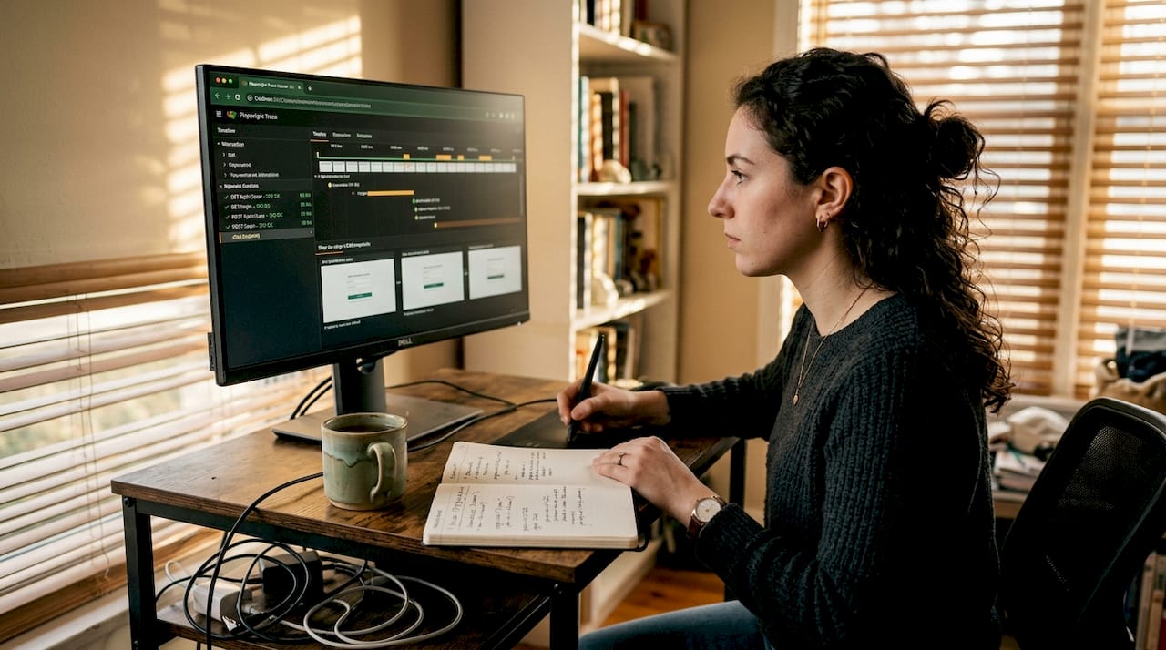 QA engineer analyzing Playwright trace viewer