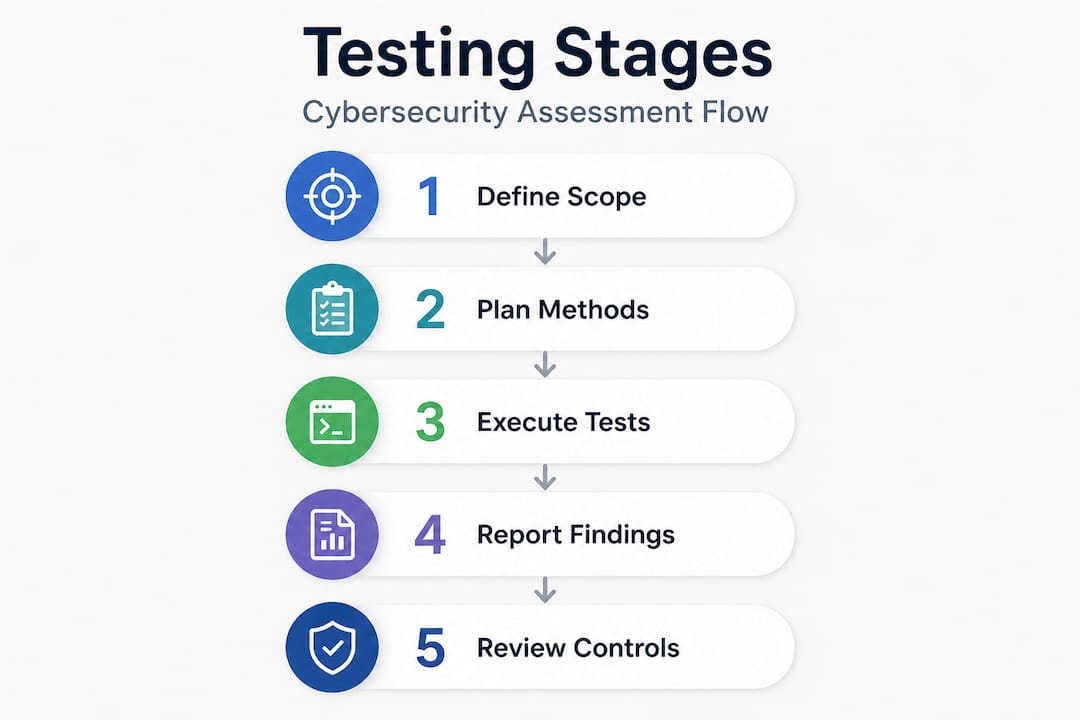 Infographic showing five-step cybersecurity testing flow