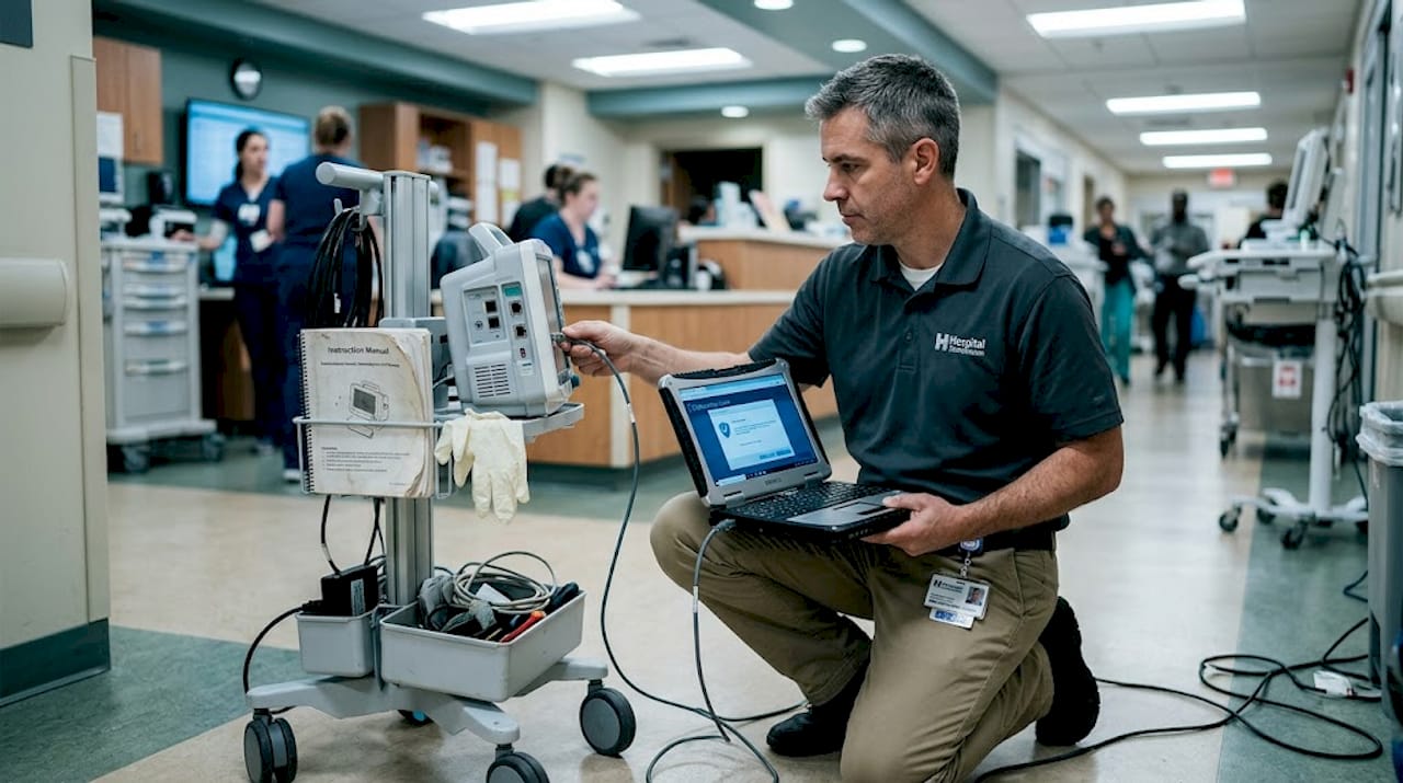 Technician testing hospital medical device network