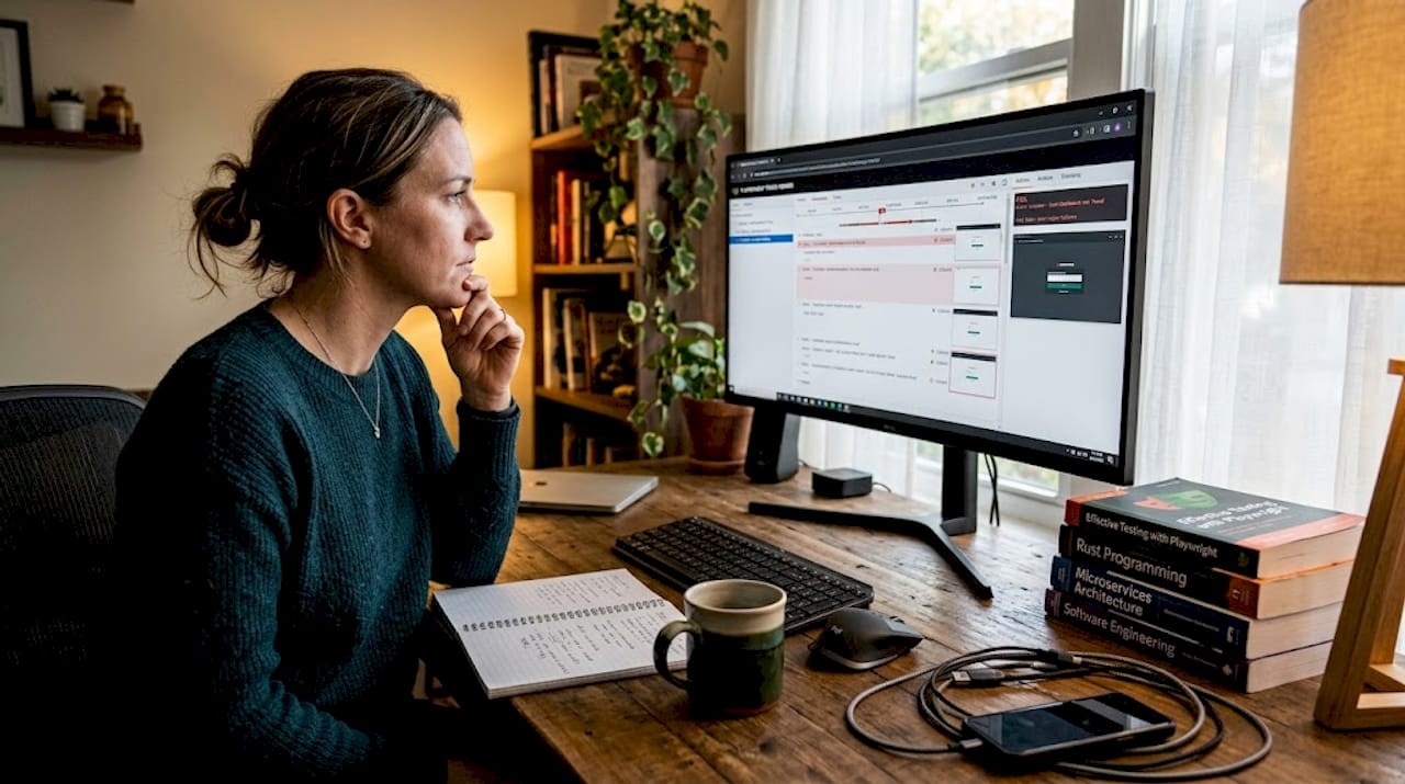 Developer reviewing Playwright test traces at desk