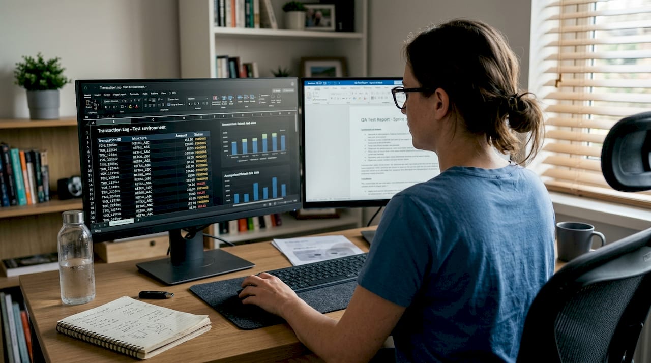 QA specialist testing fintech app in home office