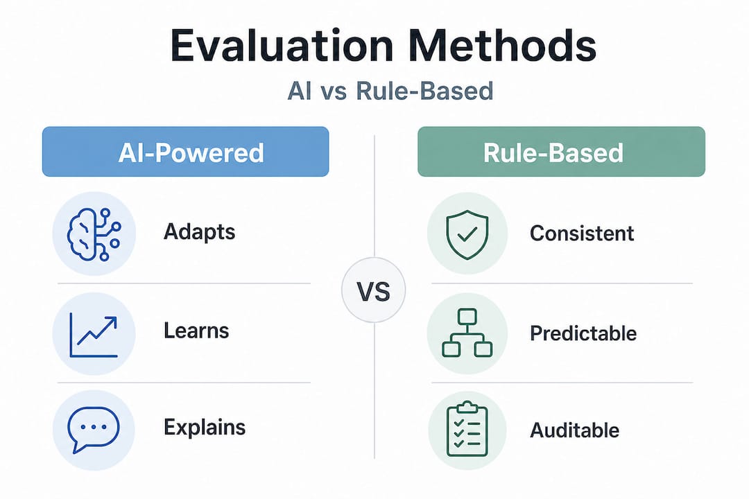 Infographic comparing AI and rule-based evaluation methods