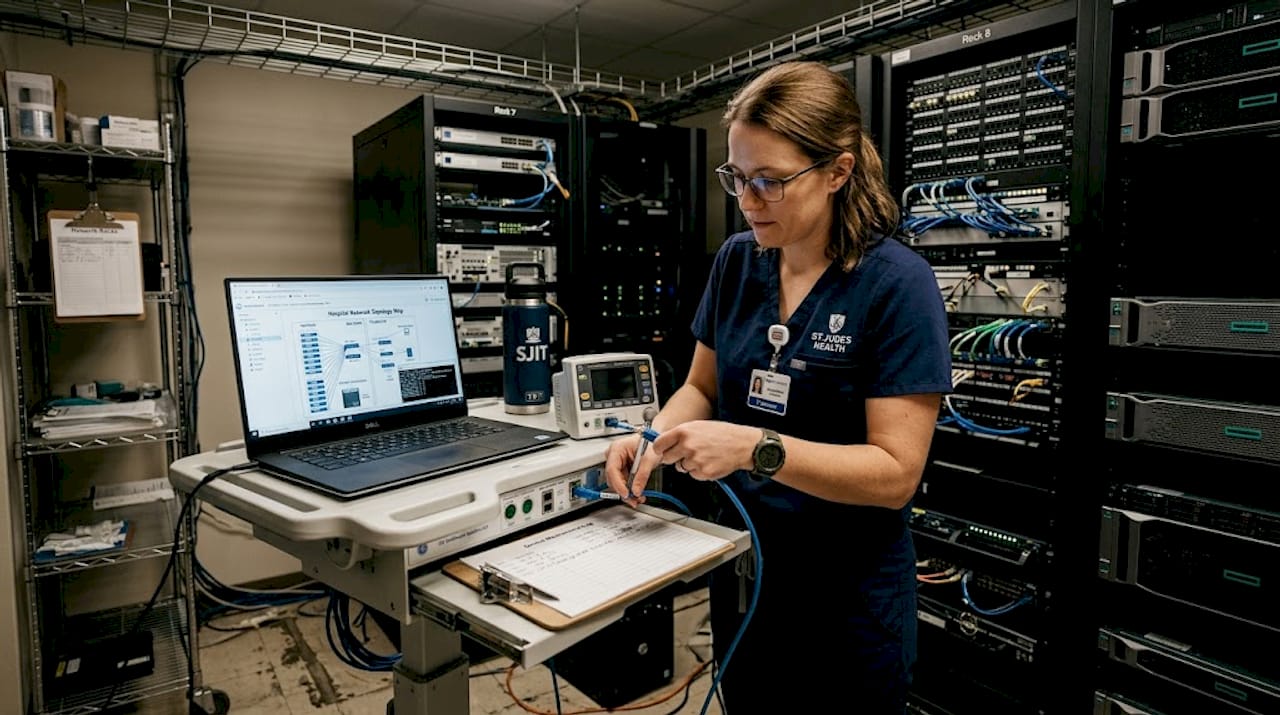 Technician testing hospital device network connection