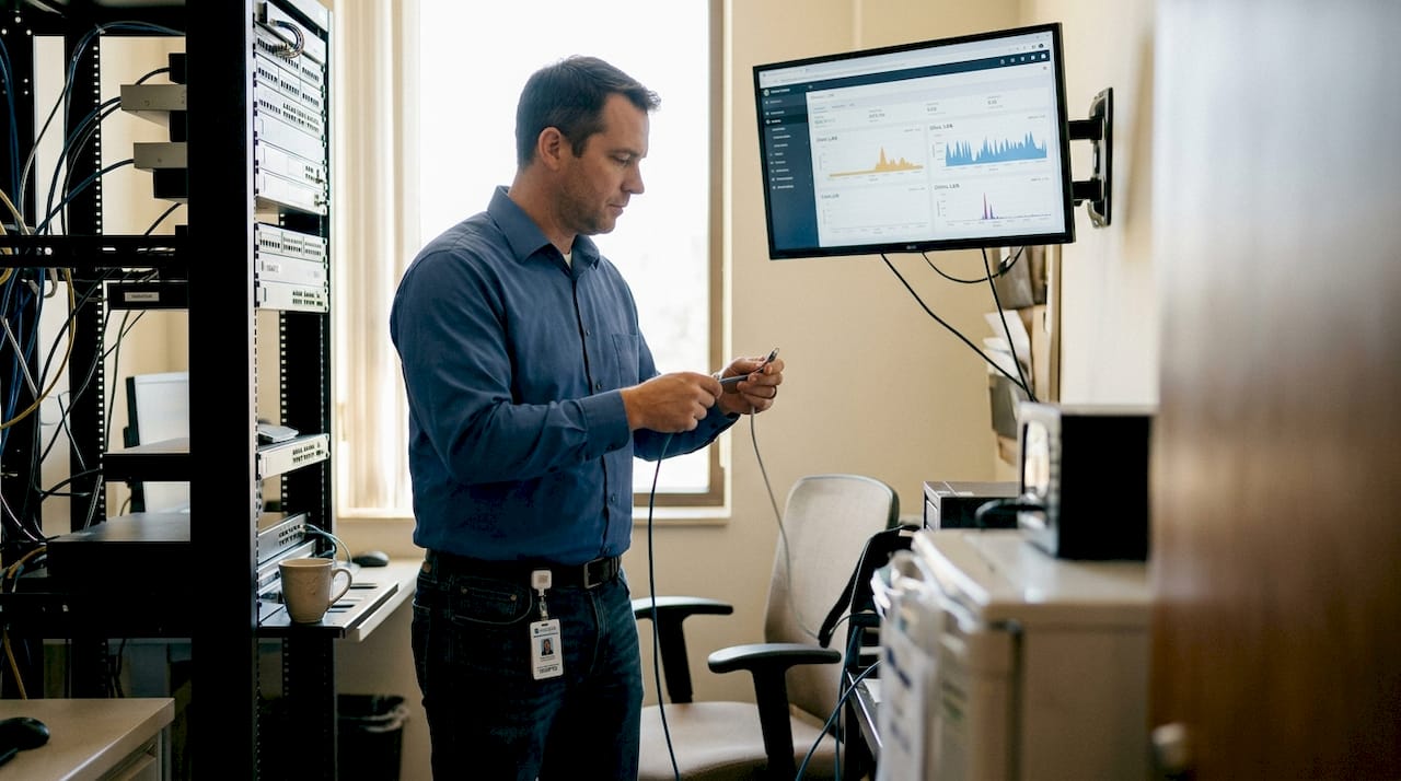 Network specialist reviewing hospital server rack