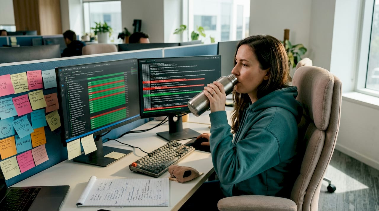 Developer checking automated tests at desk