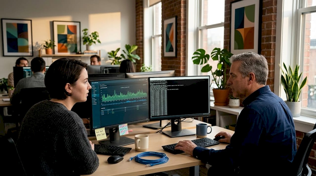 Team monitoring live dynamic API test in office