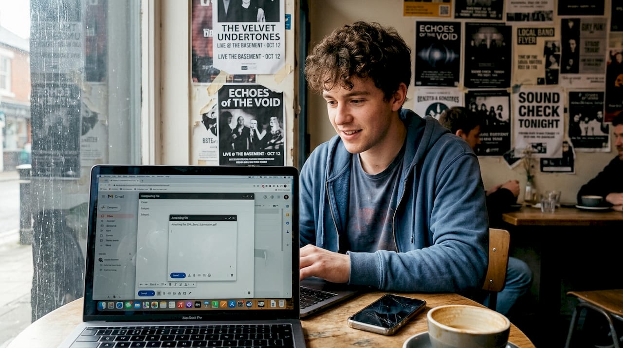 Musician sending portfolio from busy café