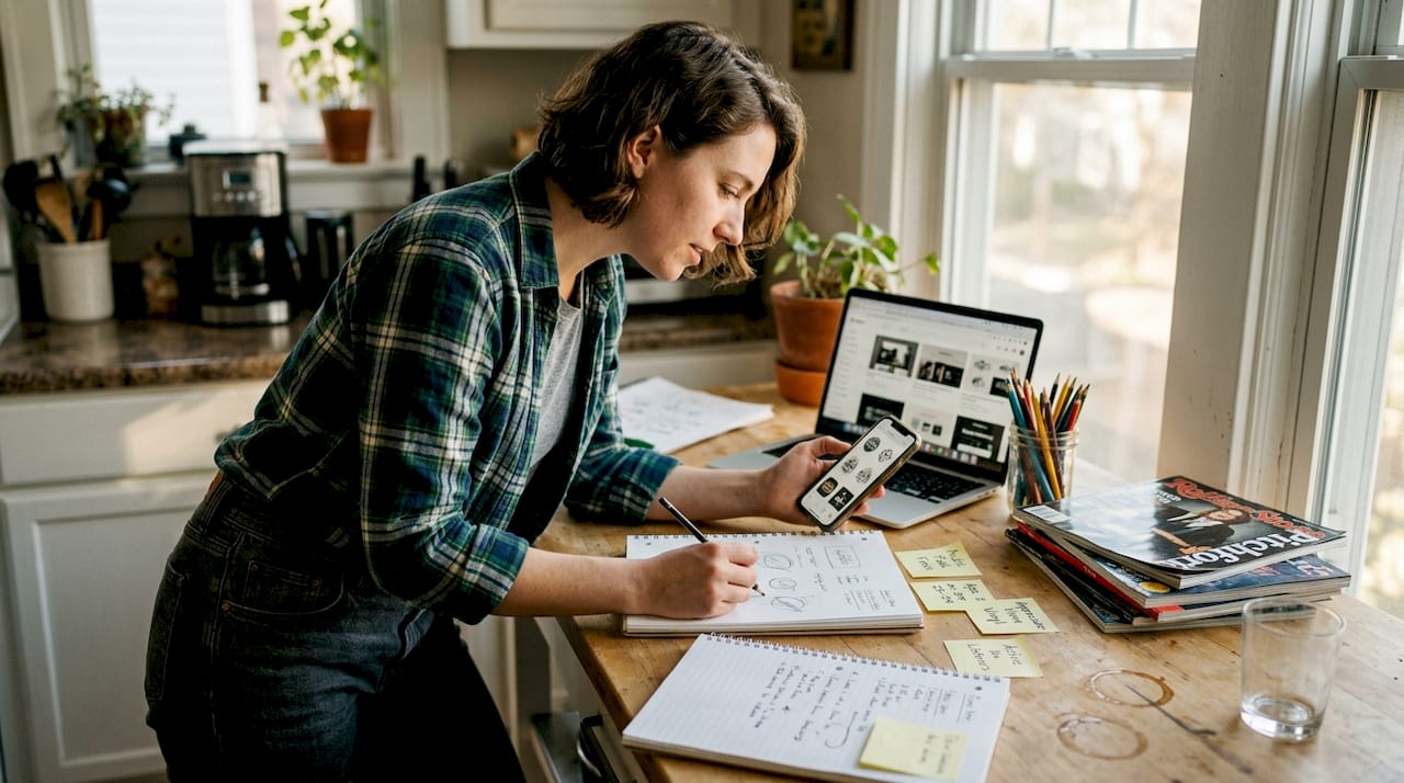 Musician planning brand visuals at kitchen counter