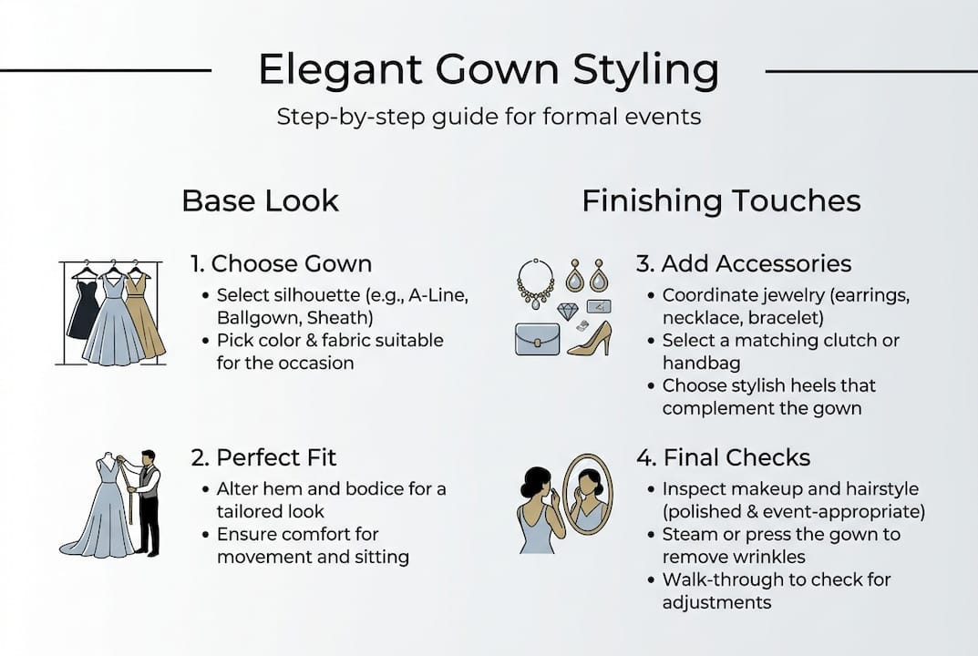 Infographic summarizing elegant gown styling steps