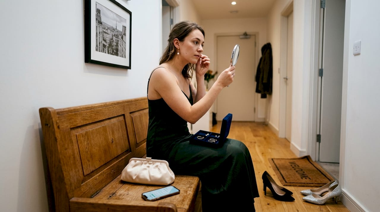 Woman choosing accessories for formal gown