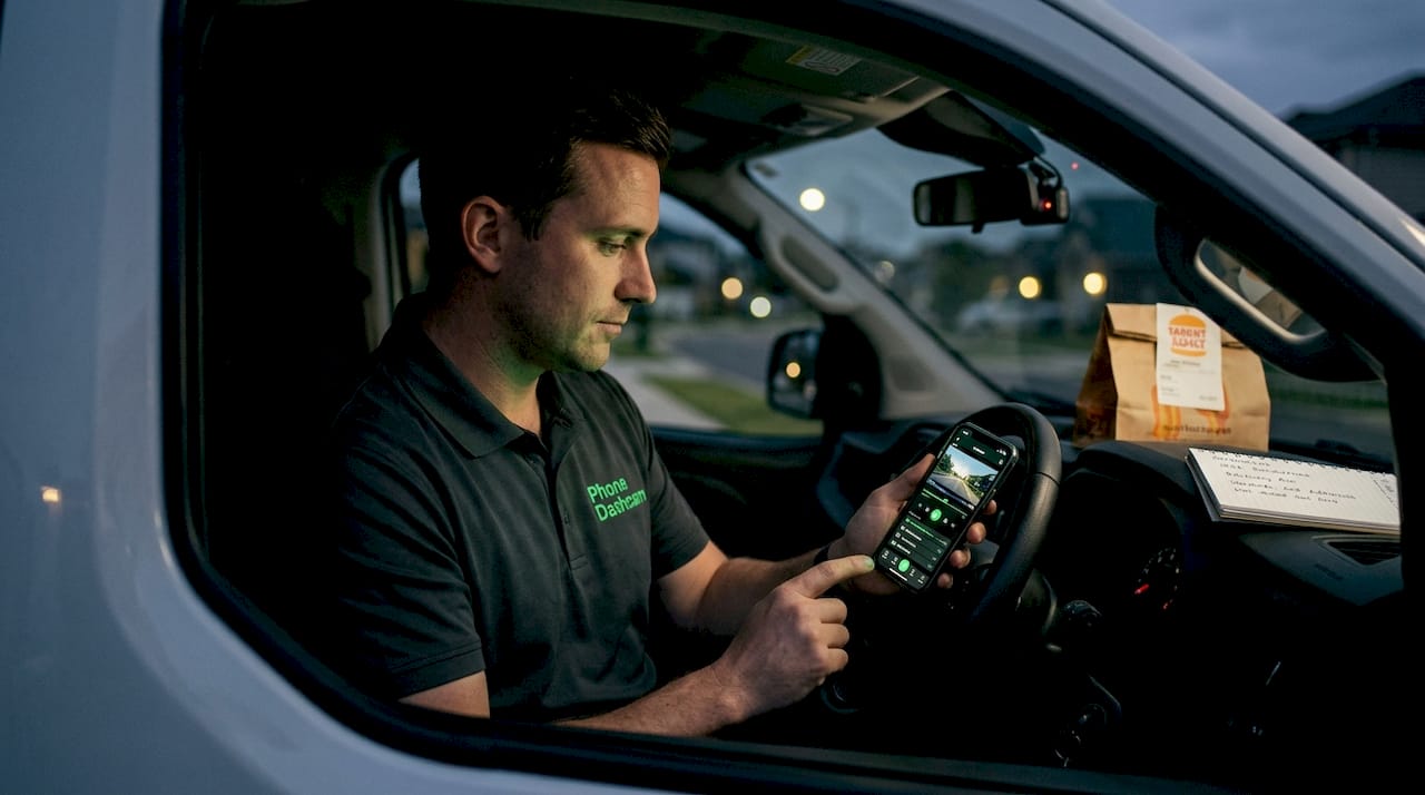 Overnight delivery driver reviews dashcam footage in van