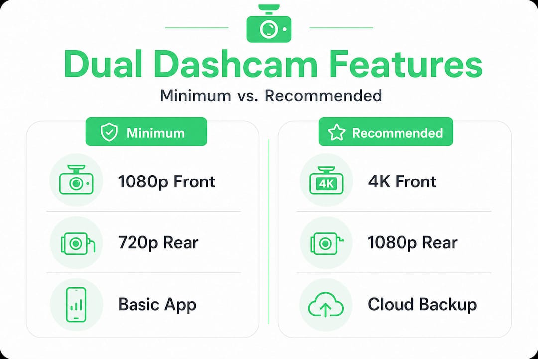 Infographic comparing minimum and recommended dual dashcam features
