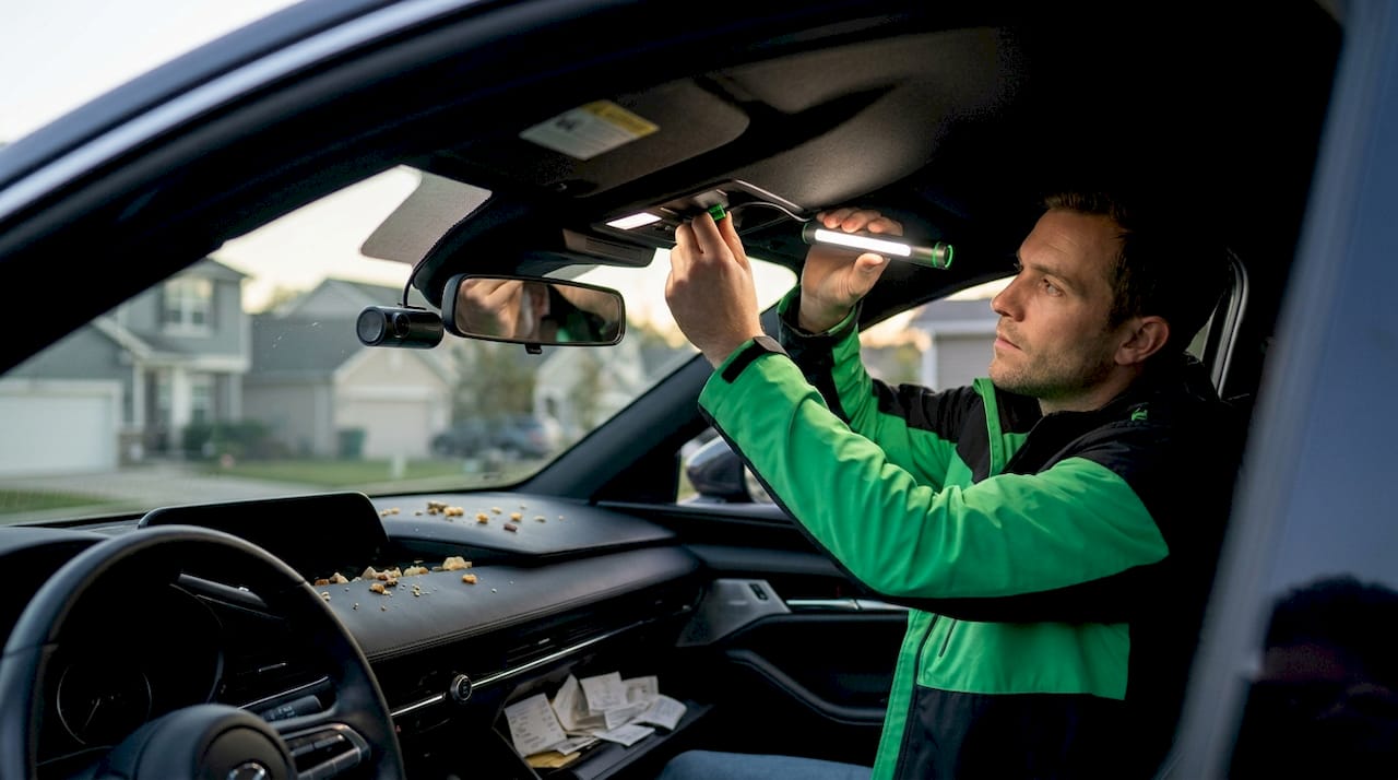 Driver installing front and rear dashcam
