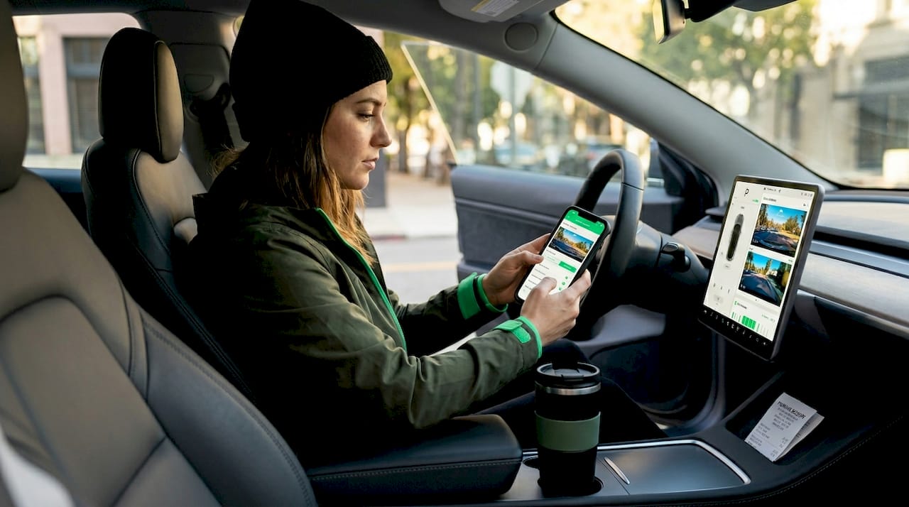 Passenger using Android dashcam app in car