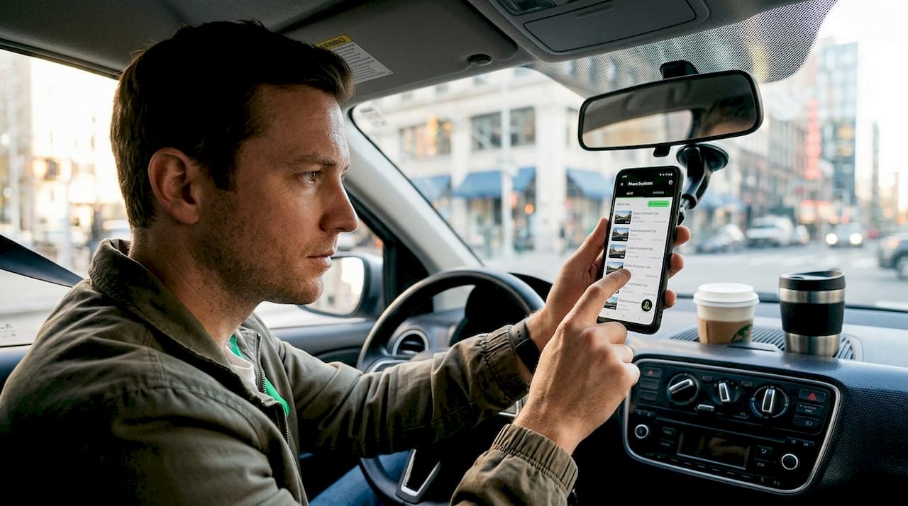 Driver reviewing dashcam footage on phone