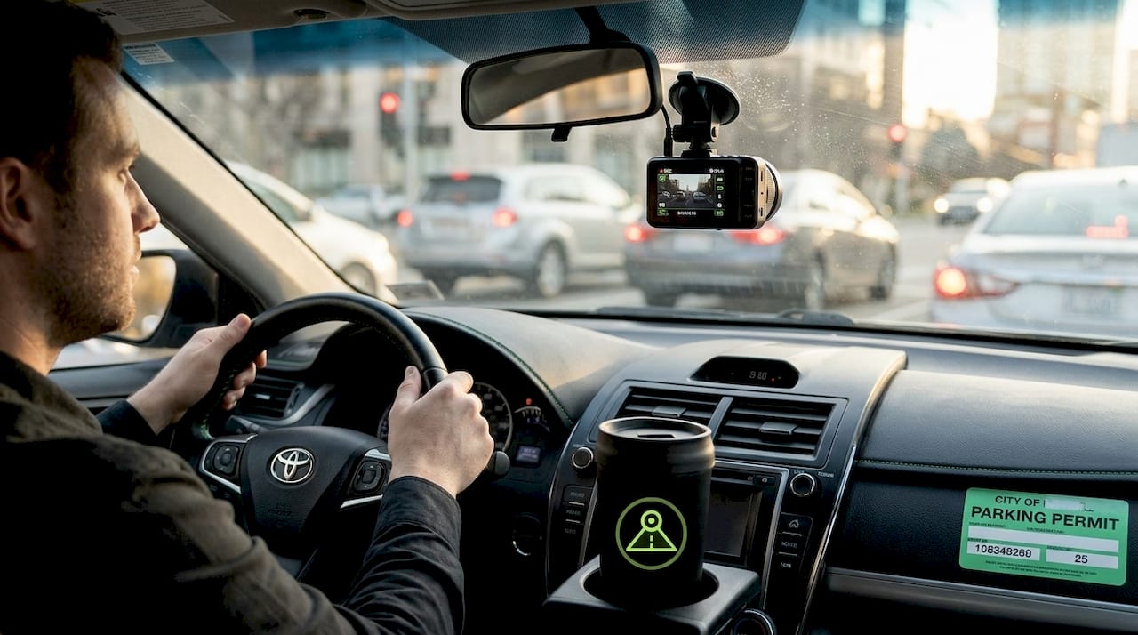 Rideshare driver with visible dashcam in car