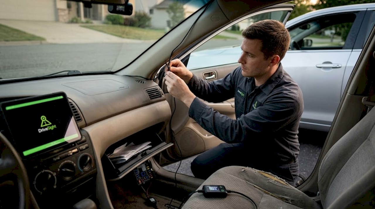 Technician safely routing dashcam wiring