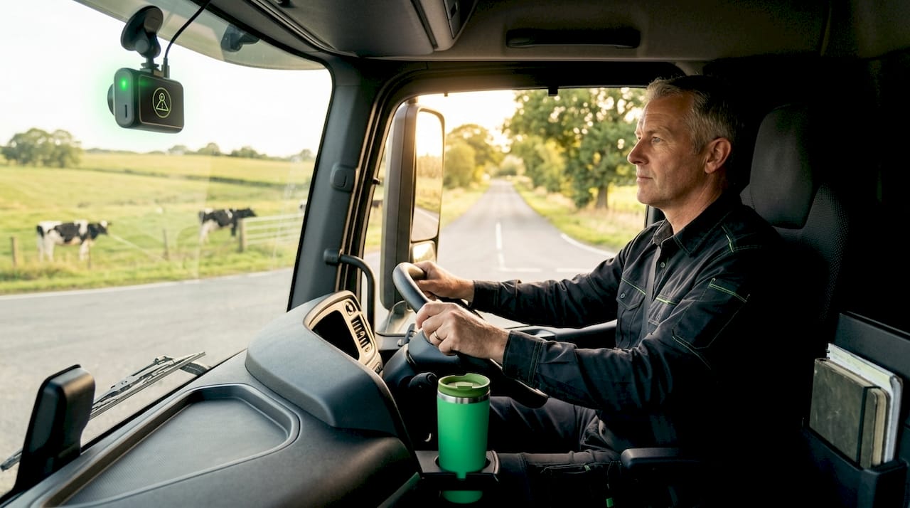 Truck driver with dashcam driving in city