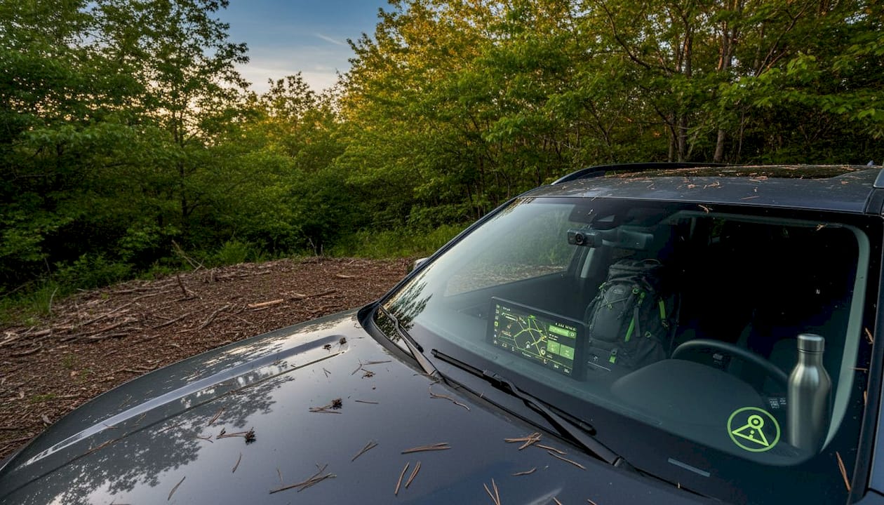 Parked SUV with dashcam at forest trailhead