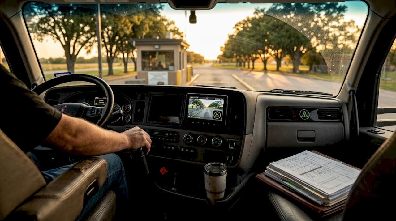 Truck dashboard view at weigh station