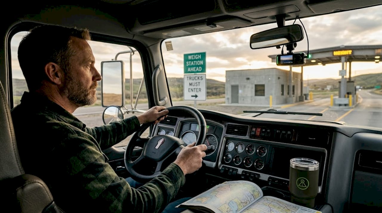 Trucker approaching weigh station with dashcam