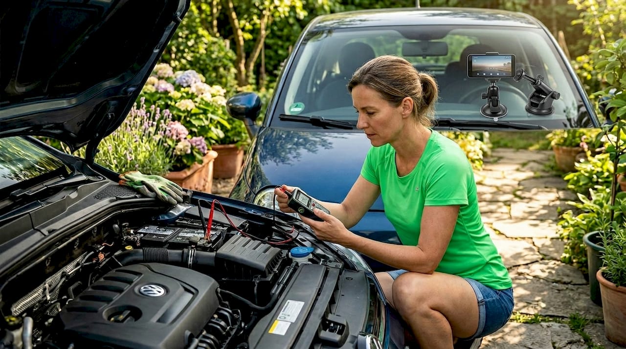 Woman checking car battery parked dashcam