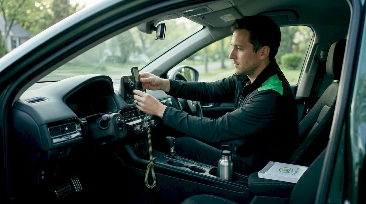 Man installing phone dashcam in parked car