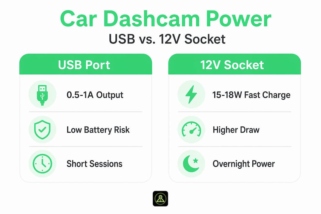 Infographic comparing car USB port and 12V socket for dashcam power
