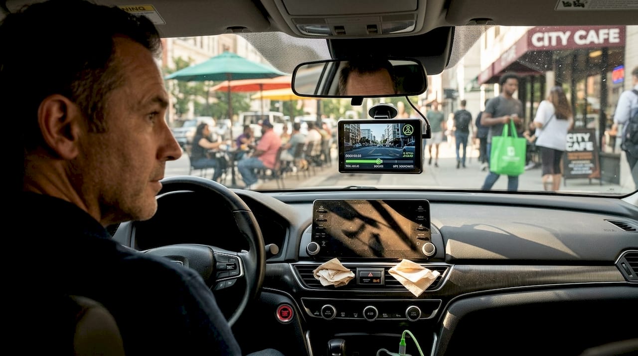 Driver reviewing dashcam footage in parked sedan