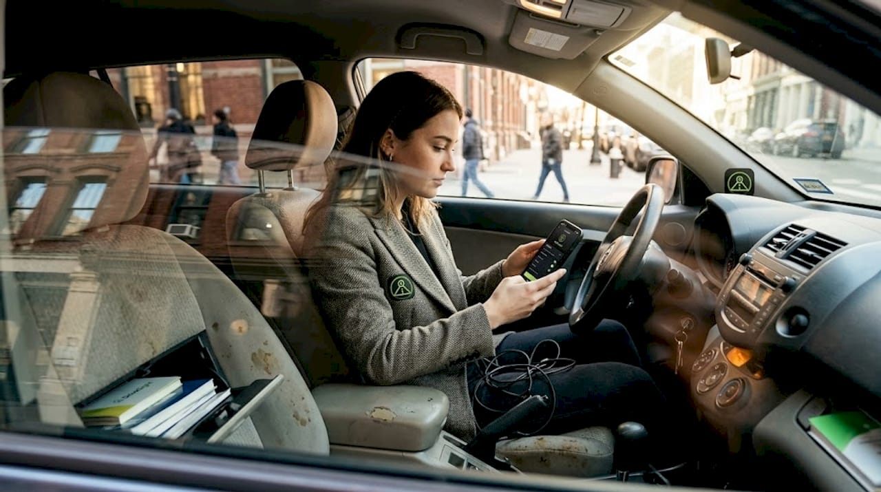 Passenger sets up dashcam app on smartphone