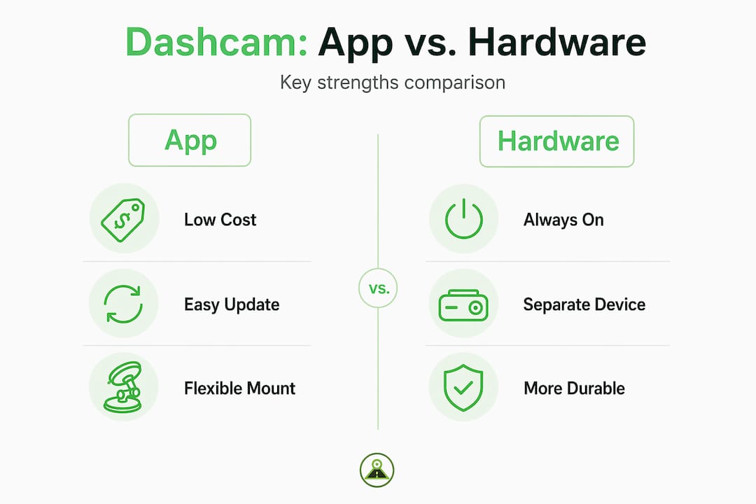 Infographic comparing dashcam app and hardware features