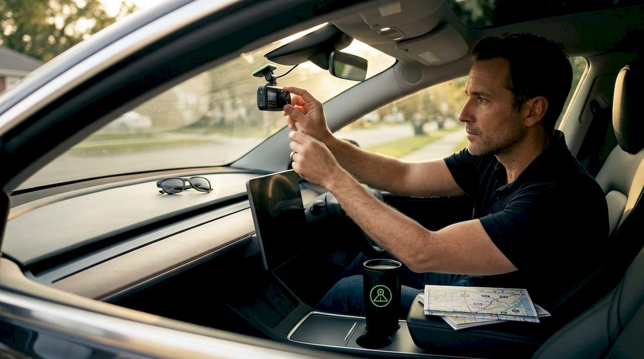 Driver adjusting dashcam settings in sedan