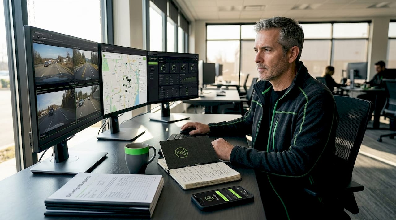 Fleet manager reviewing dashcam video at desk