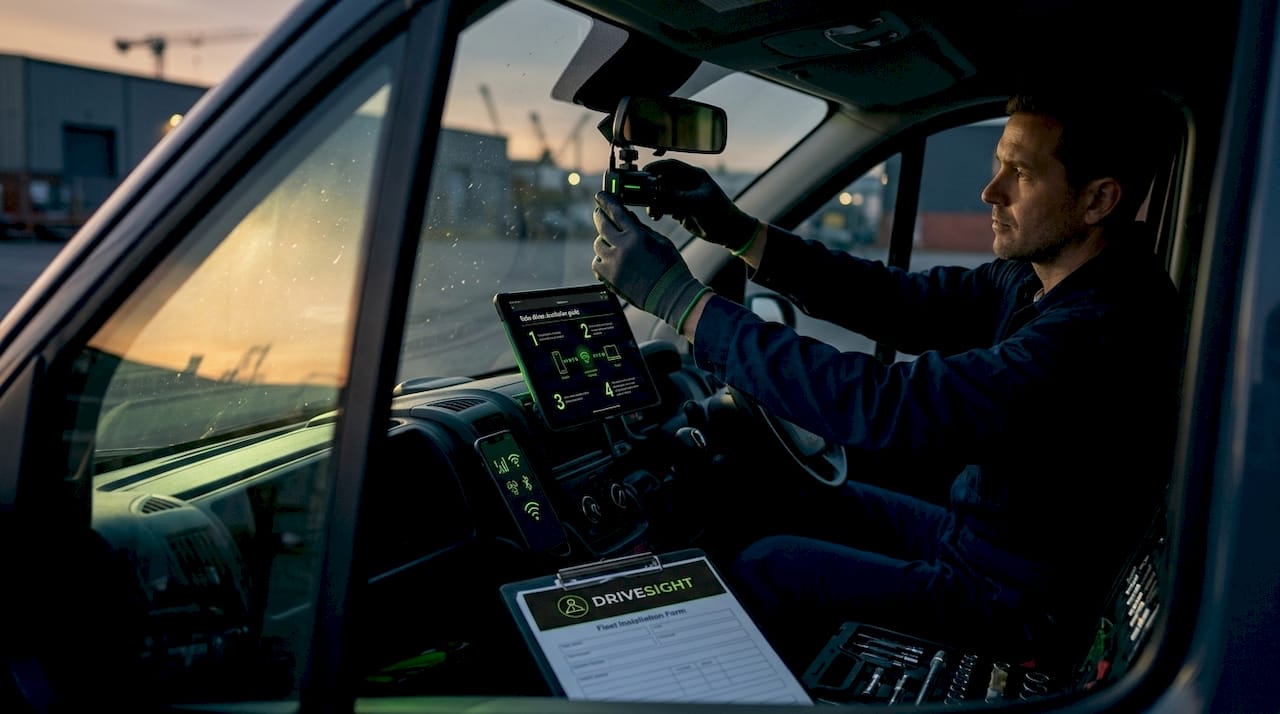 Technician installing cloud dashcam in vehicle