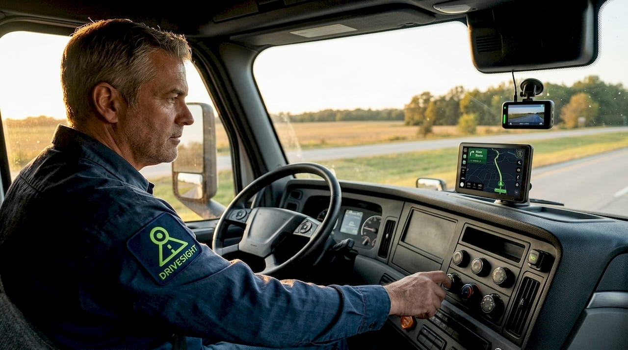 Truck cabin interior showing dashcam and driver