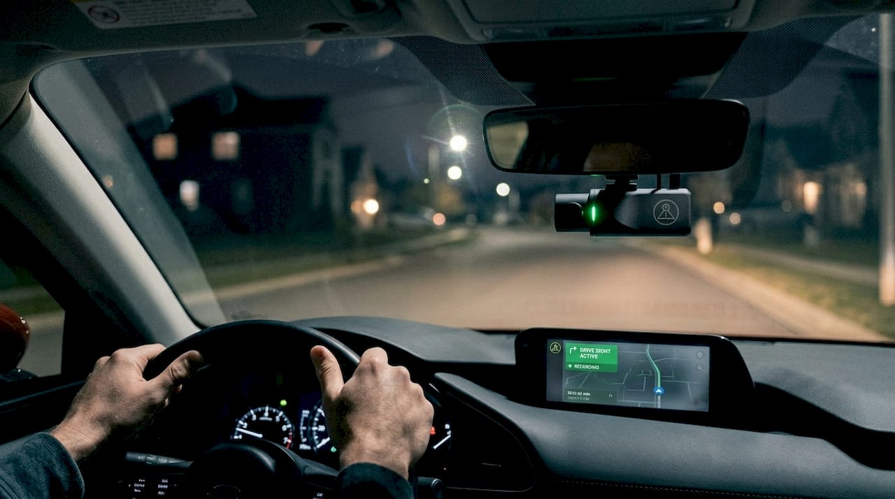 Night driving scene with dashcam recording