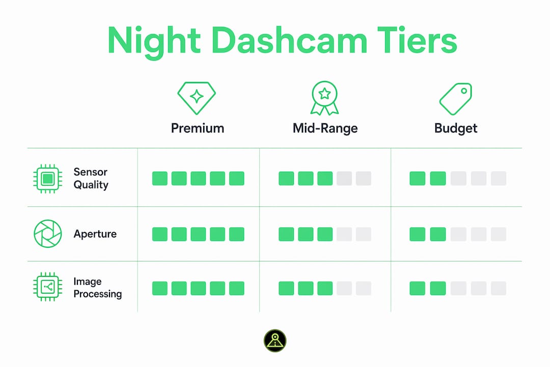 Infographic comparing dashcam night performance tiers
