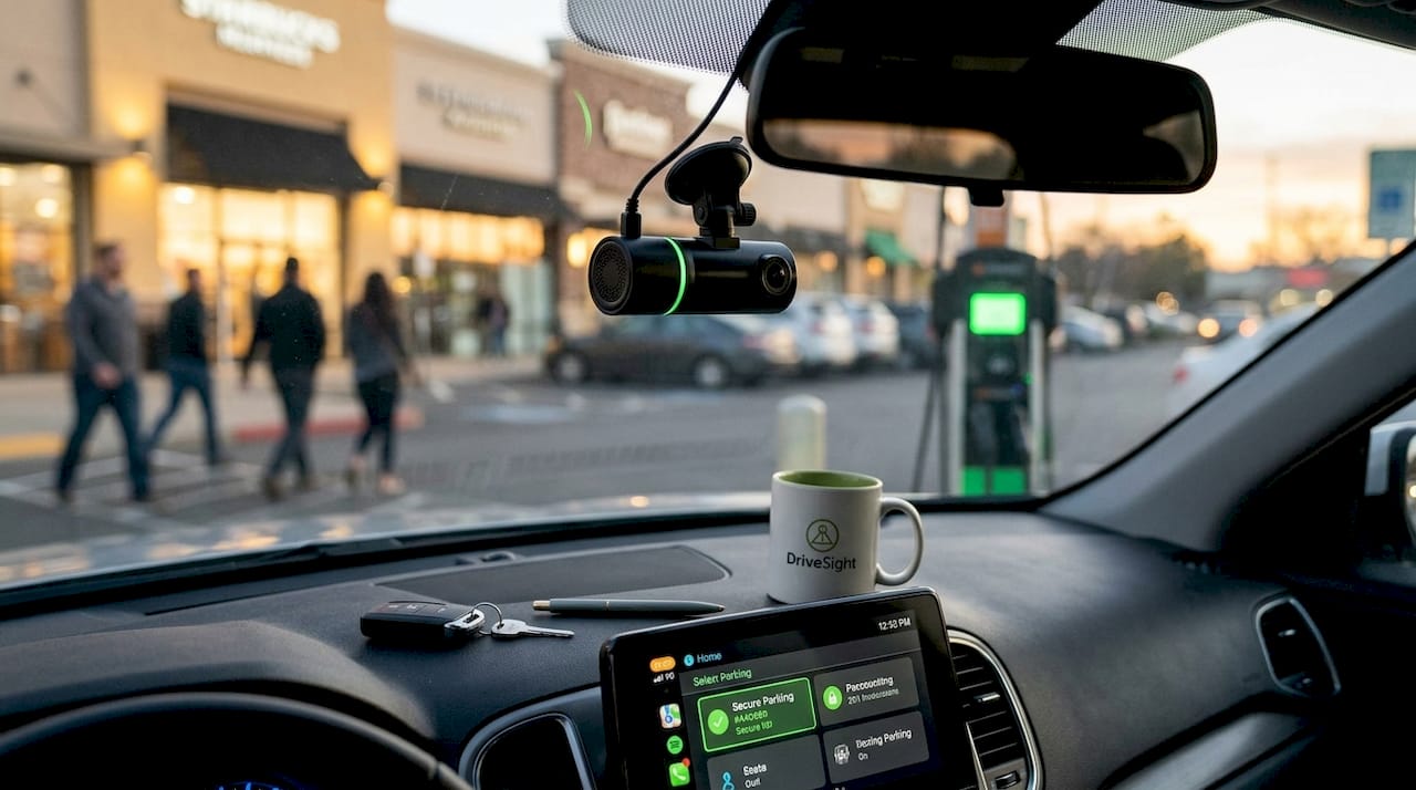 Dashcam mounted inside parked car windshield