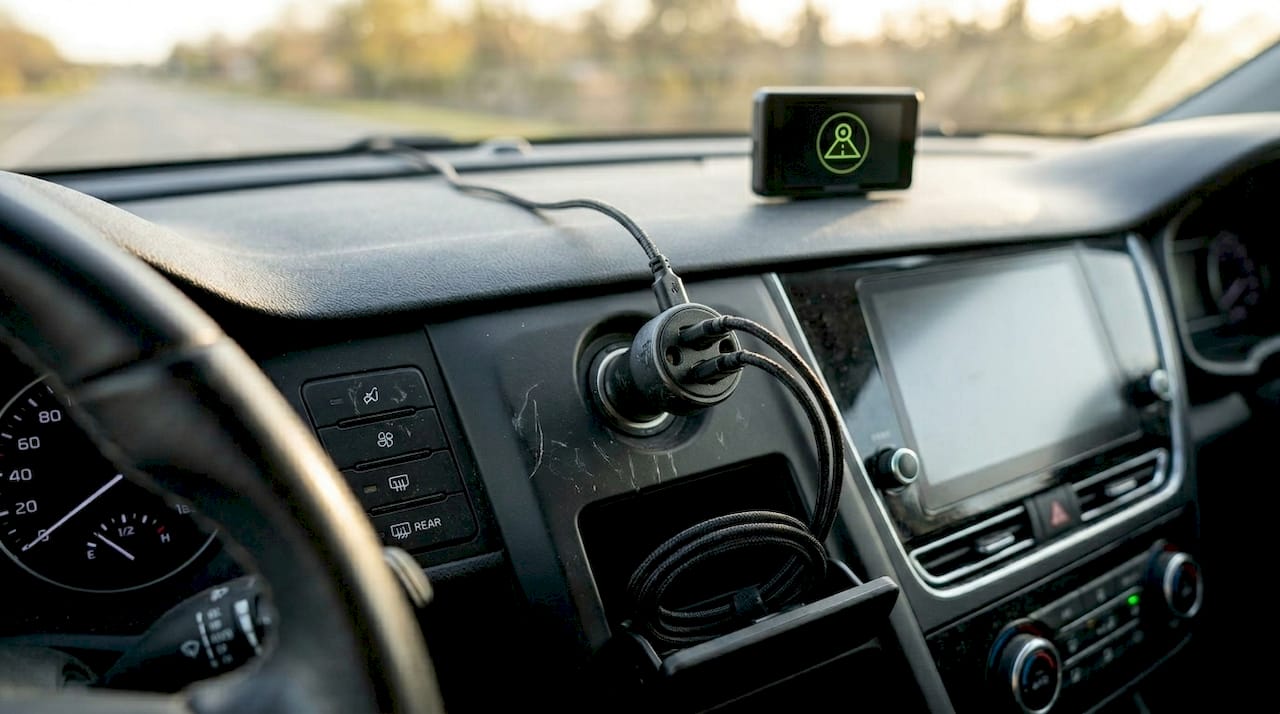 Dashcam power connection in car dashboard socket