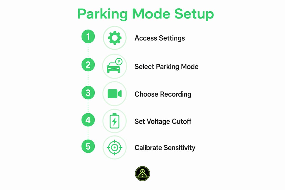 Infographic showing step-by-step dashcam parking mode setup