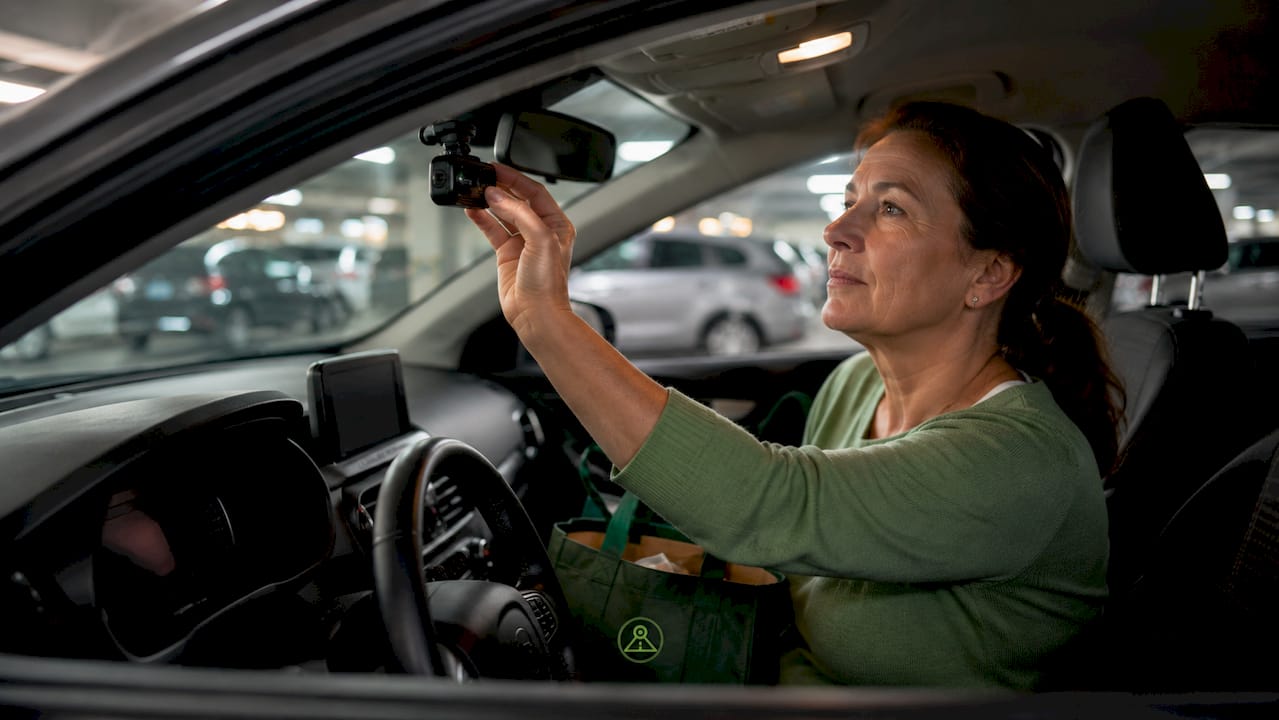 Woman adjusting dashcam inside car