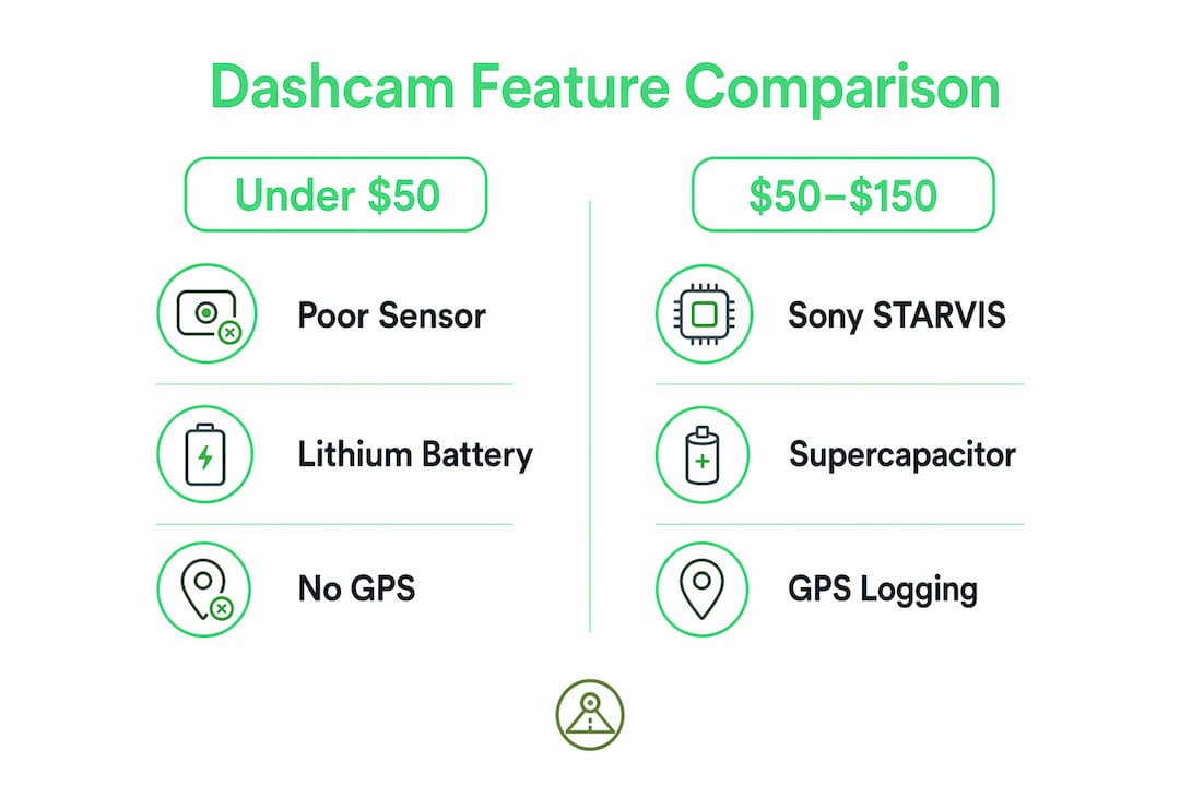 Infographic comparing budget dashcam features